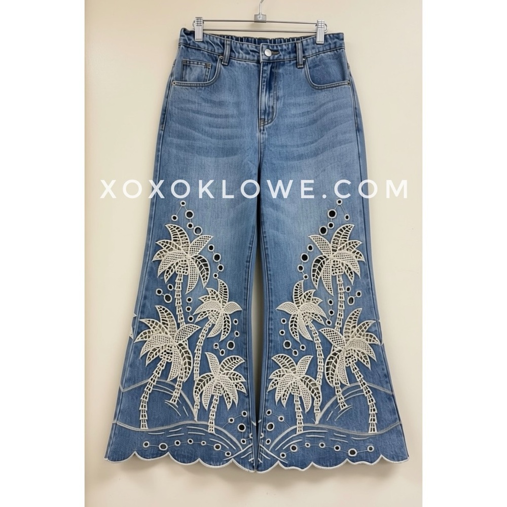Oli & Hali Palm Tree Eyelet Embroidered Wide Leg Jeans | Mineral Wash Denim